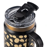 Thyme & Table 32oz Tumbler with Handle, Dual Straw Lid, Stainless Steel Double Wall Insulated, Black & Gold Dot