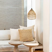 SOLAR HANGING LED LAMP WITH RATTAN STYLE SHADE, WARM WHITE