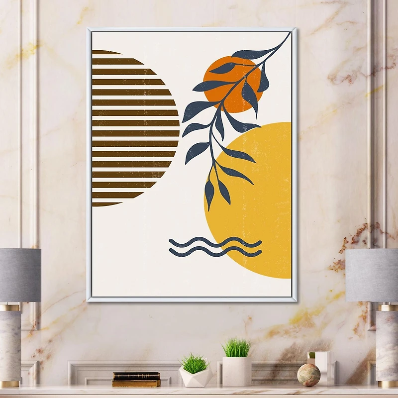 Designart Botanical Minimalist Leaf With Abstract Shapes I FLOAT FRAME WALL ART