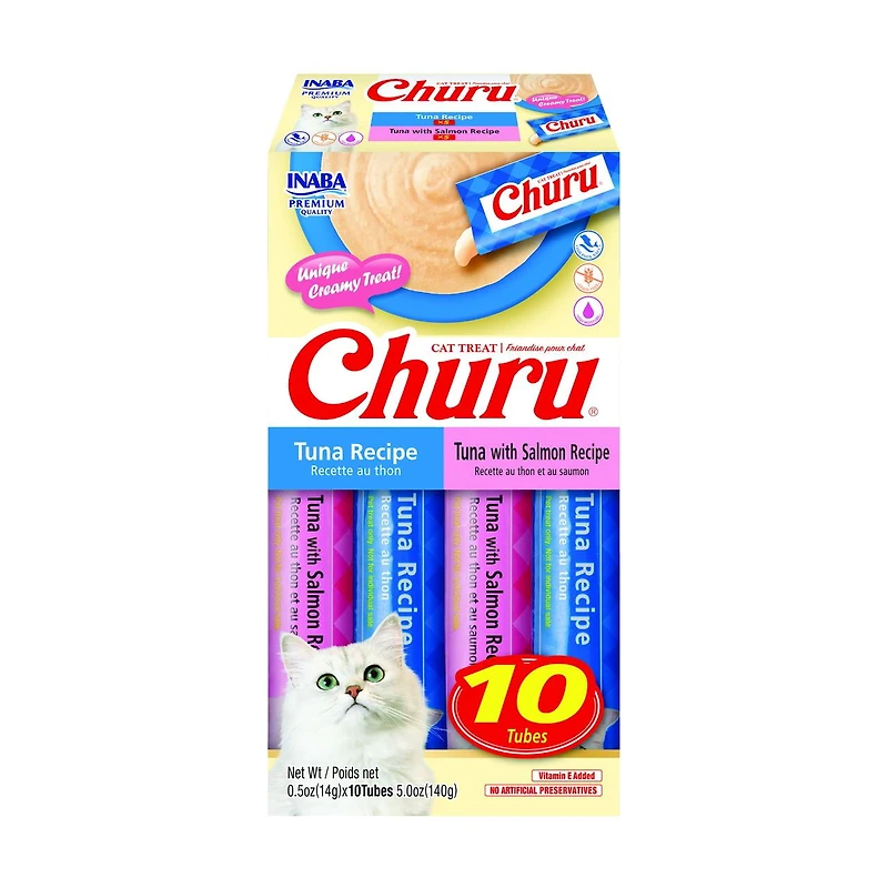 Friandises pour chats INABA Churu, purée crémeuse à lécher sans céréales avec vitamine E - Boîte de 10 tubes de thon (5 x thon et 5 x thon au saumon) 114 g