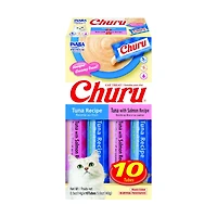 Friandises pour chats INABA Churu, purée crémeuse à lécher sans céréales avec vitamine E - Boîte de 10 tubes de thon (5 x thon et 5 x thon au saumon) 114 g