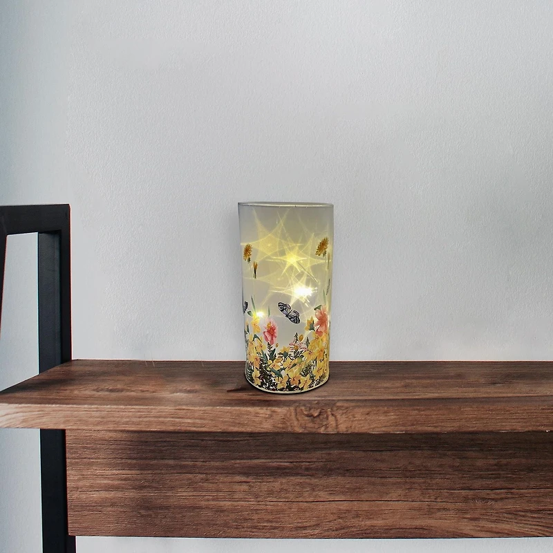 IH Casa Decor Cylinder Led Peinted Glass Decor Garden Floral 6.75"