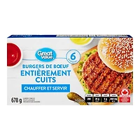 Great Value Fully Cooked Beef Burgers, 6 burgers, 678 g