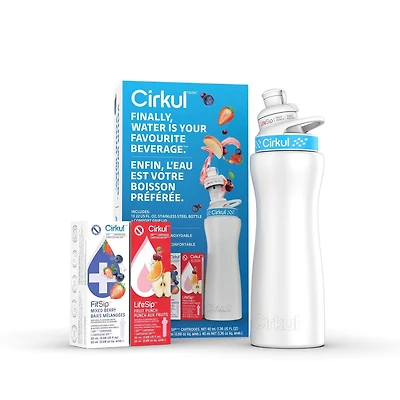 Cirkul 22oz White Stainless Steel Water Bottle Starter Kit with Blue Lid and 2 Flavour Cartridges (Fruit Punch & Mixed Berry)