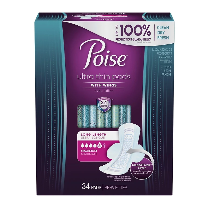 Poise Ultra Thin Postpartum Incontinence Pads, Maximum Absorbency, Long Length, 34 Count, PSE UT WNG MAX 34