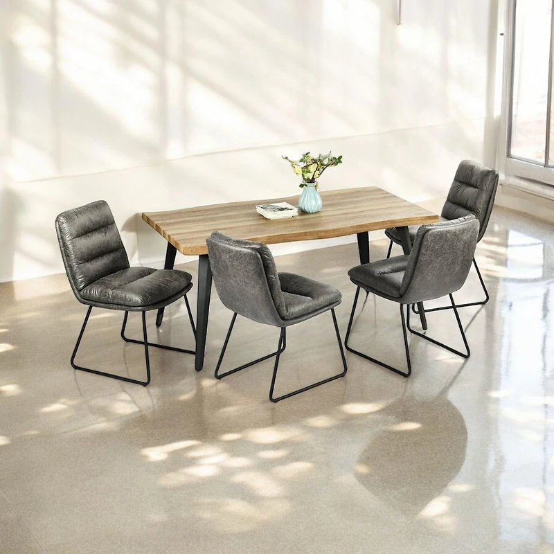 Homy Casa 63 inch 5-Piece Dining Set, Faux Walnut Live Edge Table Grey Faux Leather Upholstered Side Chairs