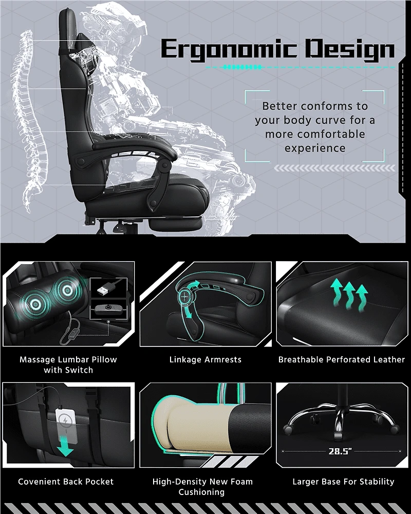 Fullfurnique Chaise Gaming Ergonomique à Dossier Haut avec Repose-pieds Coulissant, Noir Intégral
