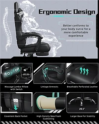 Fullfurnique Chaise Gaming Ergonomique à Dossier Haut avec Repose-pieds Coulissant, Noir Intégral