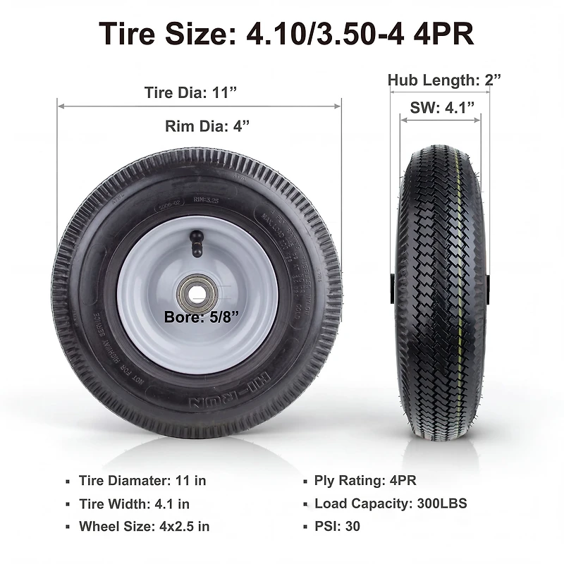 Hi-Run Sawtooth 4.10/3.50-4 4PR Pneumatic Wheelbarrow Tire Wheel 5/8" Axle Bore