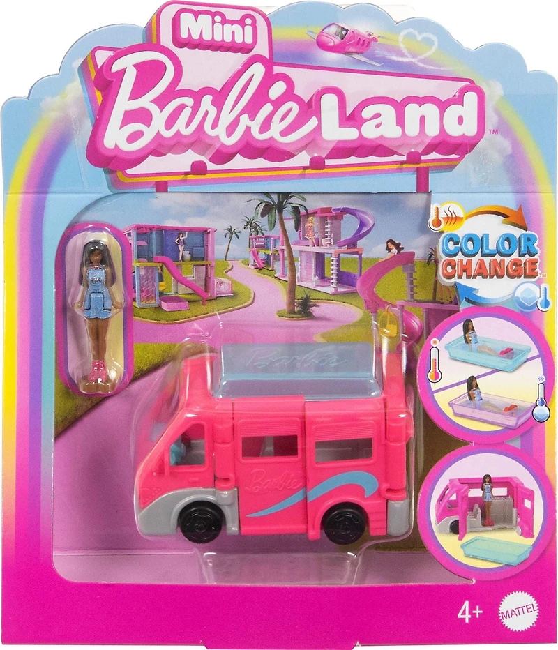 Coffret poupée et véhicule jouet ​Mini BarbieLand Barbie, poupée Barbie de 3,81 cm (1,5 po) et Autocaravane de rêve avec portes qui s’ouvrent vraiment et piscine à changement de couleur