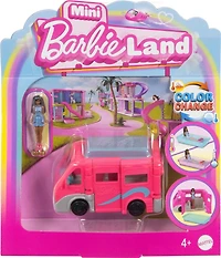 Coffret poupée et véhicule jouet ​Mini BarbieLand Barbie, poupée Barbie de 3,81 cm (1,5 po) et Autocaravane de rêve avec portes qui s’ouvrent vraiment et piscine à changement de couleur