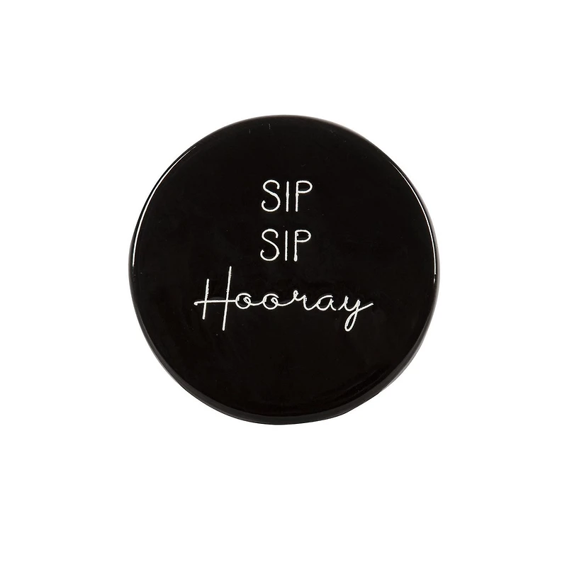 Linden Porcelain 4 Piece Coaster Set with Black Finish, Assorted Sayings, 3.9in Diameter