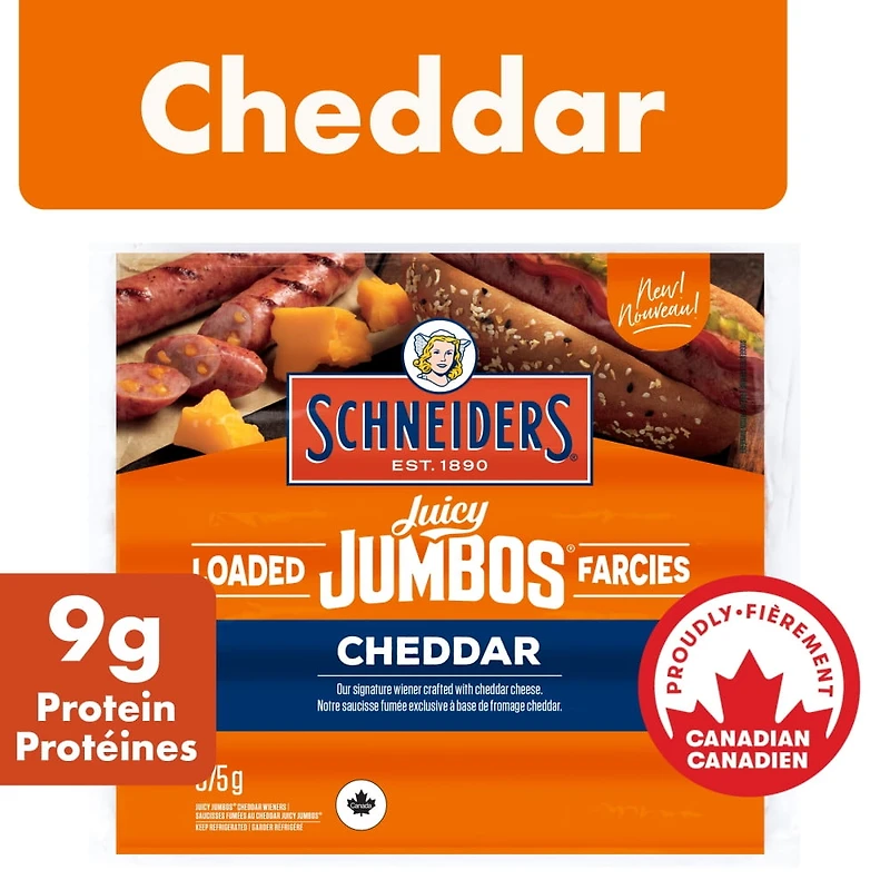 Schneiders Juicy Jumbos® Loaded Cheddar Hot Dogs, 375 g