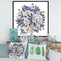 Designart Bouquet Peonies In White and Blue FLOAT FRAME WALL ART