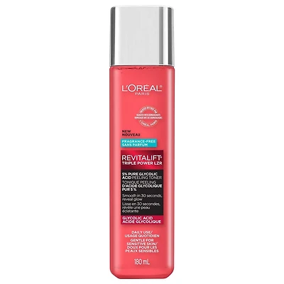 L'Oreal Paris Revitalift Triple Power LZR 5% Glycolic Acid Peeling Toner with Aloe Vera, Smooth Skin & Reveal Glow, Daily Exfoliant for Brighter Skin, Fragrance and Alcohol Free, 180 mL