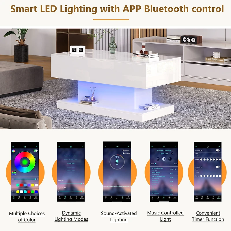 Homy Casa Lift Top LED Coffee Table, High Gloss White, Sliding Top, Storage, Bluetooth App