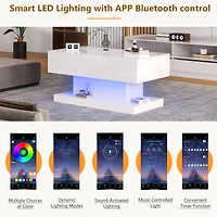 Homy Casa Lift Top LED Coffee Table, High Gloss White, Sliding Top, Storage, Bluetooth App