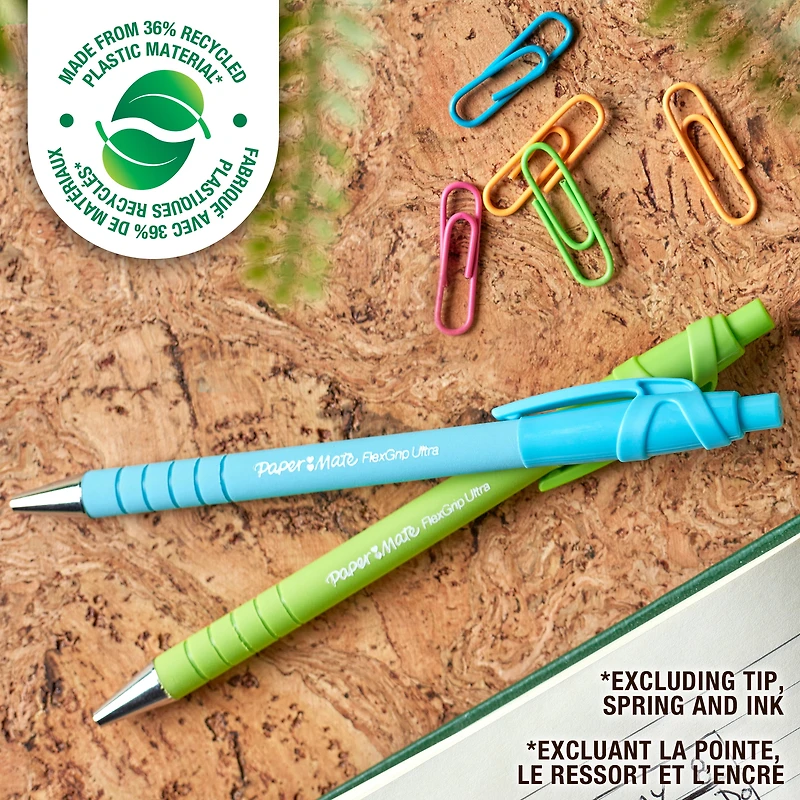 Stylos à bille FlexGrip Ultra de Paper Mate, faits de matériaux de plastique recyclé, couleurs assorties, pointe moyenne (1 mm), encre noire, 4 unités