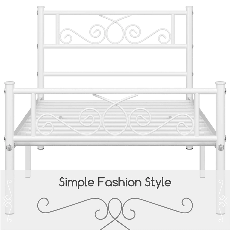Fullfurnique Cadre de Lit Métallique avec Tête et Pied de Lit à Volutes, Deux Places, Blanc