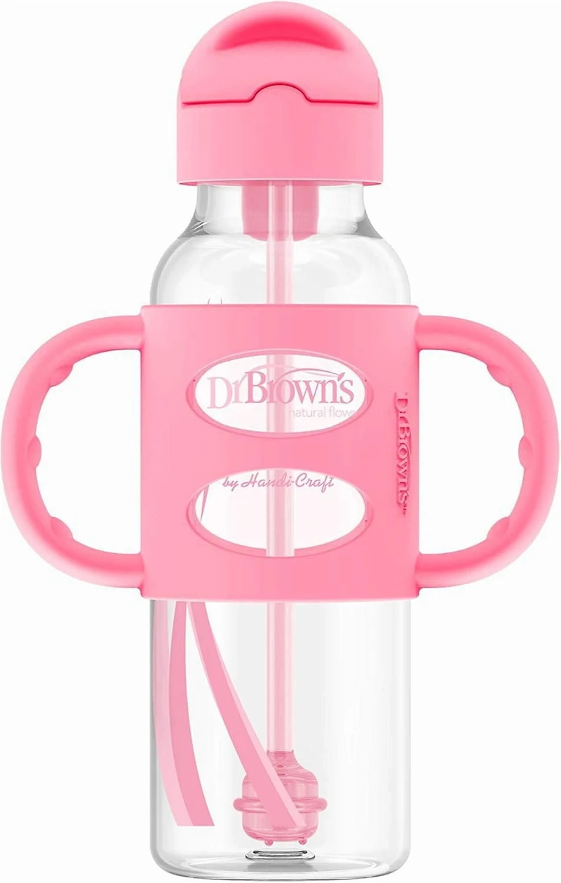 Dr. Brown's Milestones Bouteille à Paille à Col Étroit, Antifuite avec Poignées en Silicone 100 %, Gris/rose, 6m+, Bouteilles 2x8oz