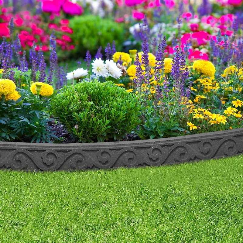 EzBorder 3.5in H x 48in L x 2in D Scroll Design Recycled Rubber Garden Border & Edging in Grey, 2-pack