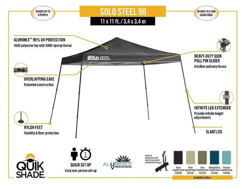 Quik Shade 11' x 11' Solo Steel 90 Square Feet of Shade Slant Leg Outdoor Pop-Up Canopy, Olive