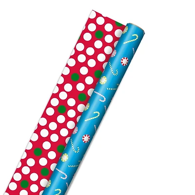 Rouleau de papier d'emballage de Noël réversible de 30 po et de 269 pieds carrés avec cannes de bonbon sur fond bleu et pois sur fond rouge de Hallmark
