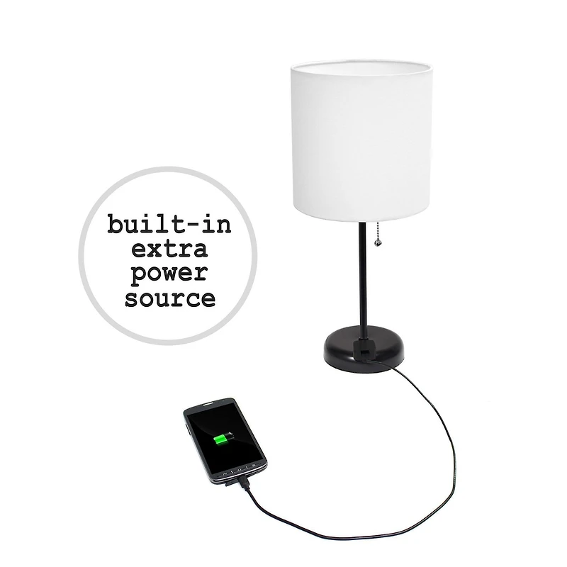 LimeLights Black Stick Lamp with Charging Outlet and Fabric Shade, White