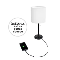 LimeLights Black Stick Lamp with Charging Outlet and Fabric Shade, White