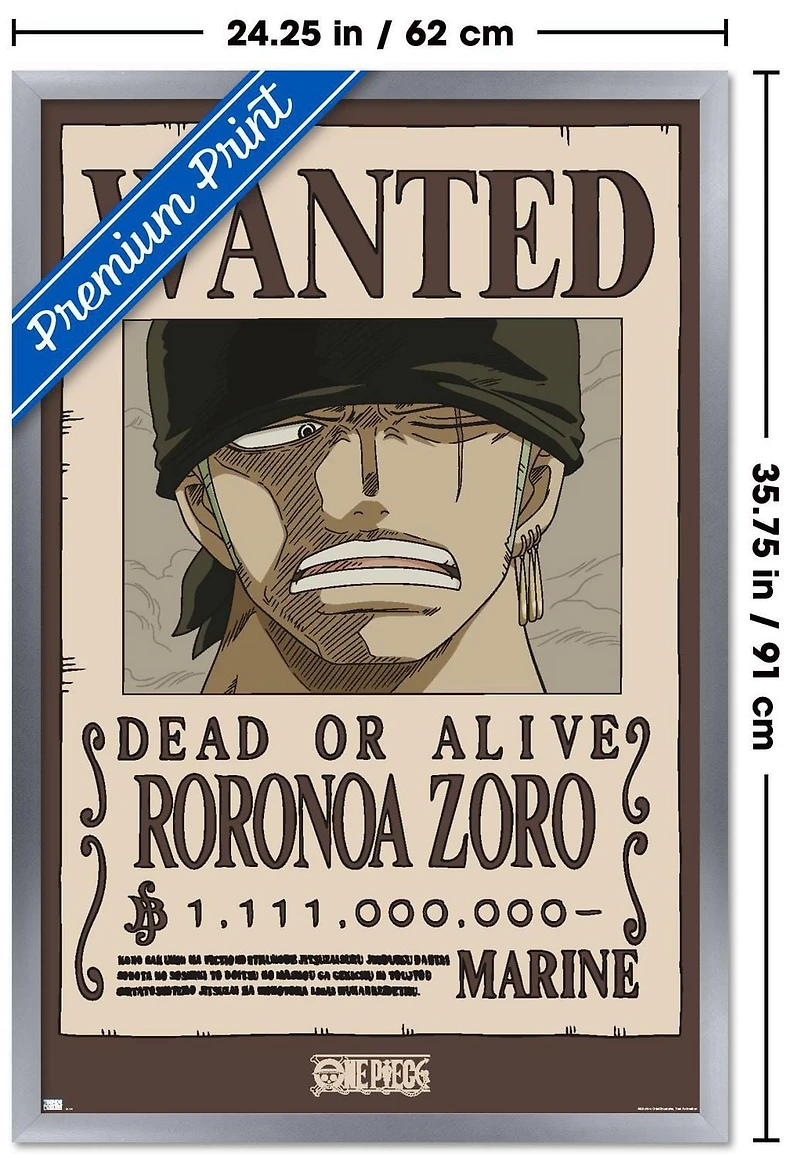 One Piece - Roronoa Zoro Wanted Poster Wall Poster, 22.375" x 34" Framed