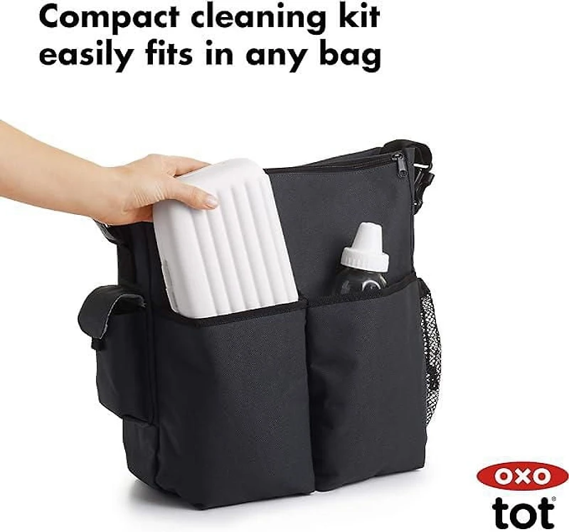 OXO Tot - On-the-Go Drying Rack with Bottle Brush - All-in-One Portable Solution for Cleaning and Drying Baby Bottles, Pump Parts and More - Grey
