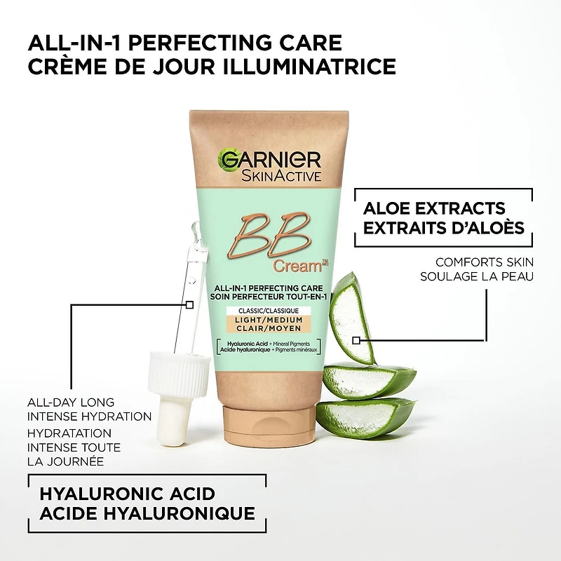Garnier SkinActive BB Cream Classic with Hyaluronic Acid & Aloe, Light/Medium, 50ml, New coverage lets skin breathe