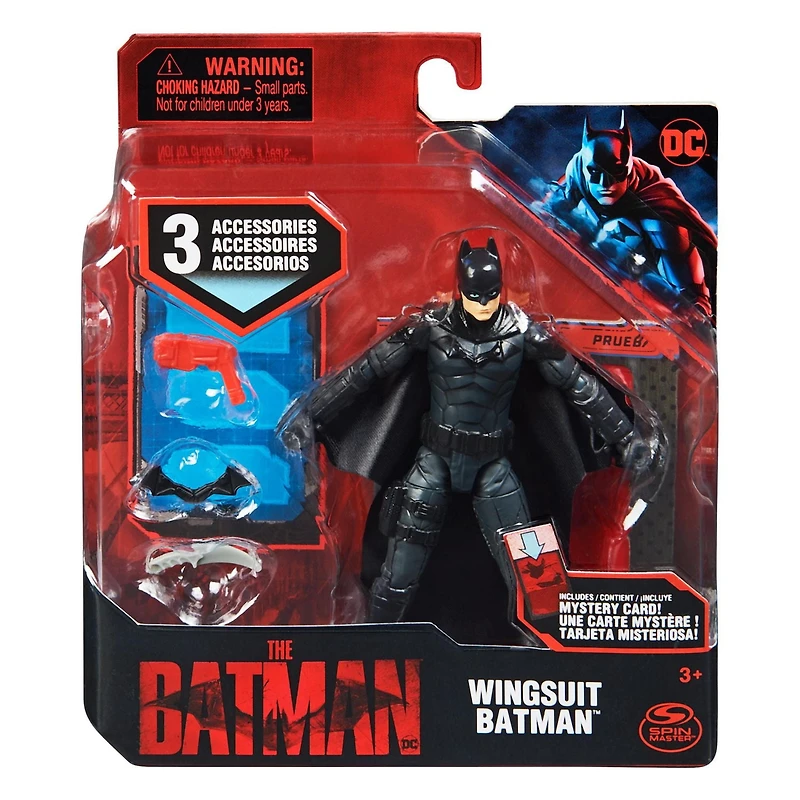 DC Comics, Figurine articulée Wingsuit Batman de 10 cm avec 3 accessoires et une carte mystère, Jouets pour enfants à collectionner du film Batman pour garçons et filles à partir de 3 ans