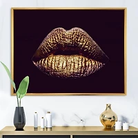 Designart Sexy Golden Metallized Female Lips II FLOAT FRAME WALL ART