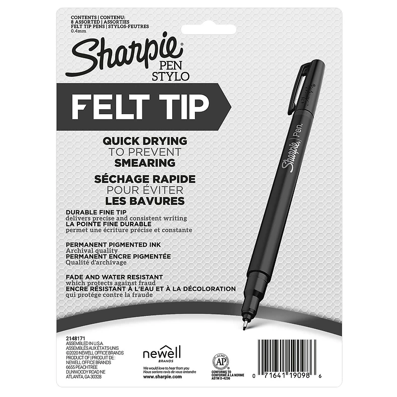 Sharpie Felt Tip Pens, Fine Point (0.4mm), Assorted Colours, 8 Count, Quick-drying ink