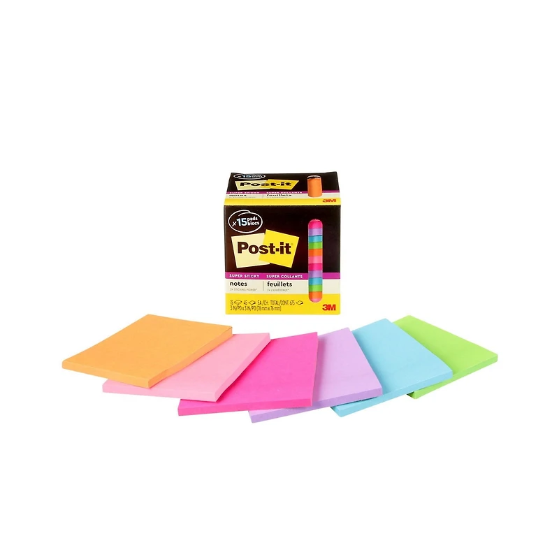 Post-it® Super Sticky Notes 654-15SSCP, Cabinet Pack, Assorted Colours, 3 in x 3 in (76 mm x 76 mm), Super Sticky Notes
