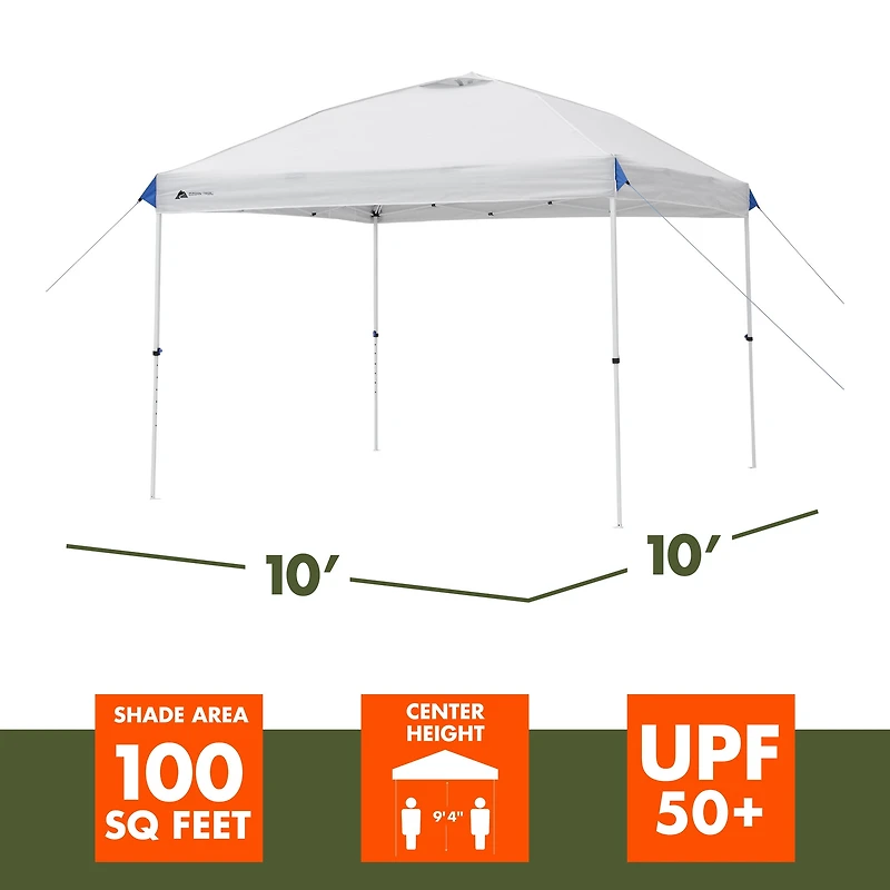 Ozark Trail 10ft x10ft Instant Pop Up Canopy Tent with Simple Push Setup – Straight Leg Pop-Up Tent for Tailgating, Camping & Events, white