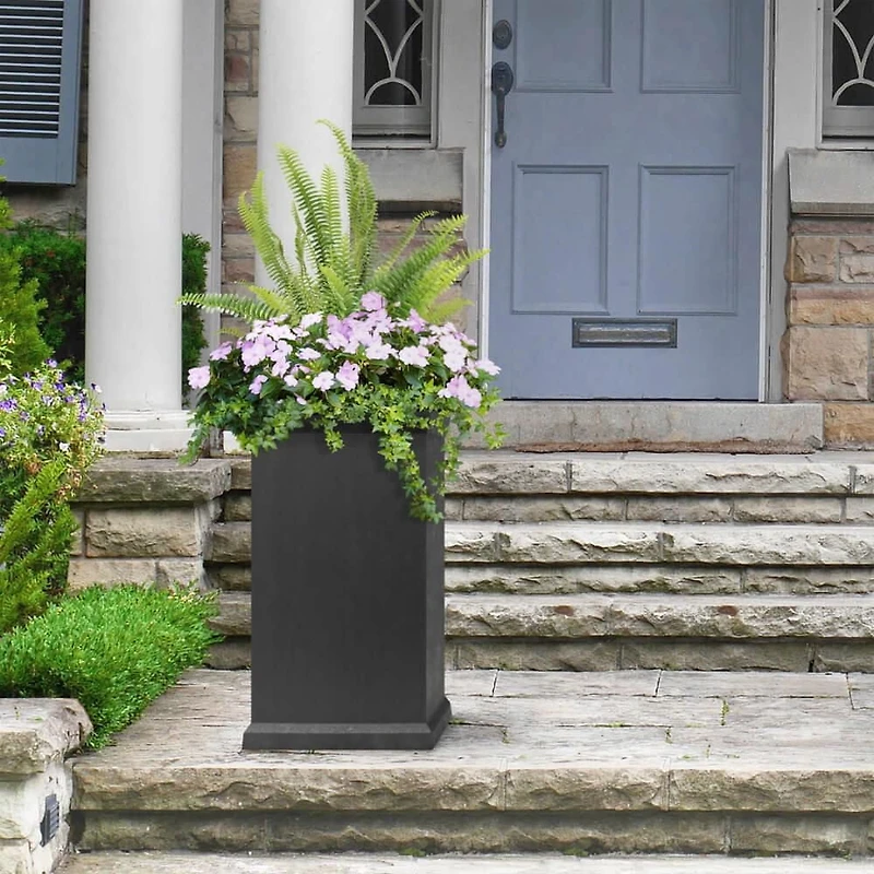 Tierra Verde Grand pot colonne lisse Allegro à réserve d'eau 15" L x 26" H en matériaux recyclés - Noir, Intérieur/Extérieur