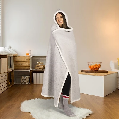 Safdie & Co. Couverture Jeté à Capuche Hoodzy Ultra Doux en Sherpa Réversible Gris Clair
