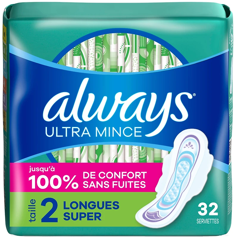 Always Ultra Thin Feminine Pads with Wings for Women, Size 2, Long Super Absorbency, Unscented, 32 Count