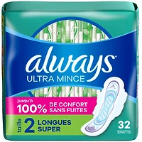 Always Ultra Thin Feminine Pads with Wings for Women, Size 2, Long Super Absorbency, Unscented, 32 Count