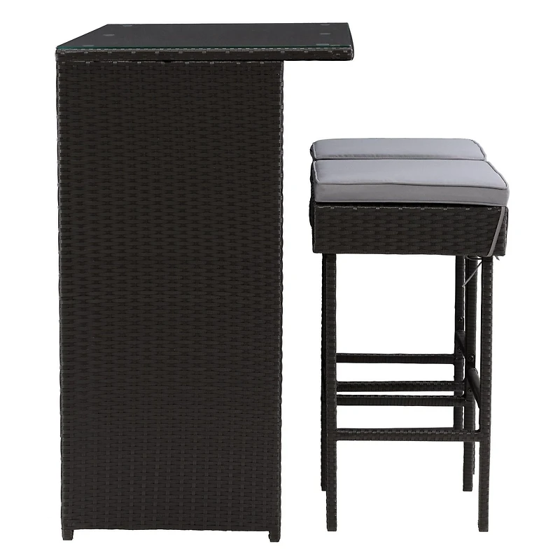 CorLiving Parksville 3-Piece Stylish and Durable Black Resin Wicker and Steel Patio Bar Set with Barstools with Grey Cushions