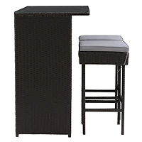 CorLiving Parksville 3-Piece Stylish and Durable Black Resin Wicker and Steel Patio Bar Set with Barstools with Grey Cushions
