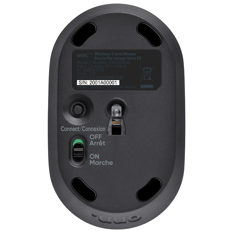 onn. 100095958 Wireless Compact 3-Button Travel Mouse, USB Plug and Play