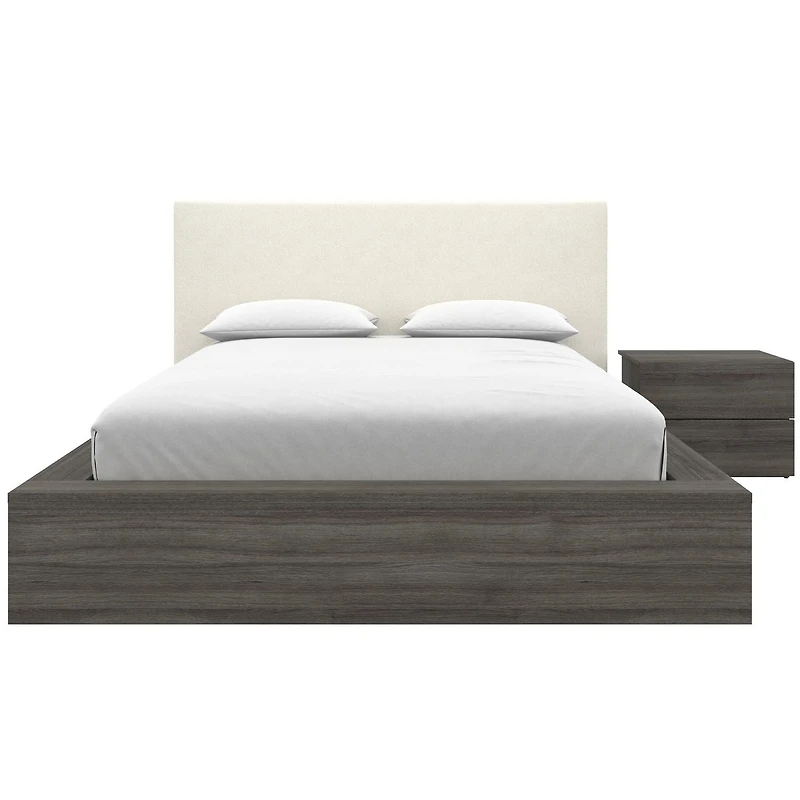 Ensemble de chambre à coucher Jane 3 pièces avec lit queen size, tête de lit rembourrée et table de chevet