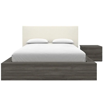 Ensemble de chambre à coucher Jane 3 pièces avec lit queen size, tête de lit rembourrée et table de chevet