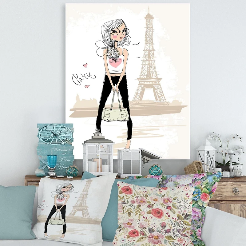 Designart Jolie fille près de la Tour Eiffel à Paris Art mural sur toile
