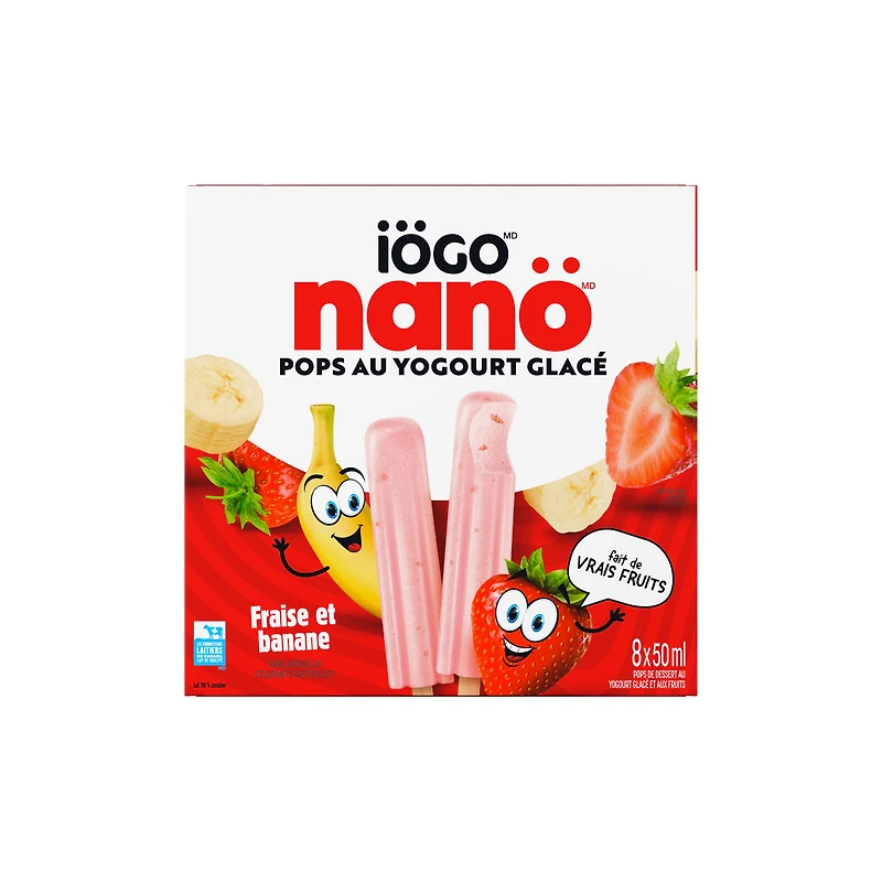 IÖGO Nano Pops au yog. glacé, Fraise et banane, vrais fruits, 45 cal. 8 x 50 ml