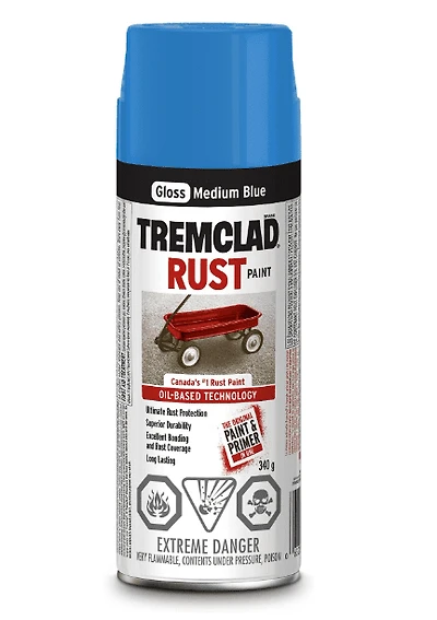 Tremclad Lustre Bleu Moyen 340G Offre une protection supérieure contre la rouille, elle est  spécialement formulée pour pénétrer la rouille et adhérer au métal||La buse de pulvérisation confortable à gâchette plus large réduit la fatigue du doigt et offre un excellent contrôle de pulvérisation||La capacité de pulvérisation dans to