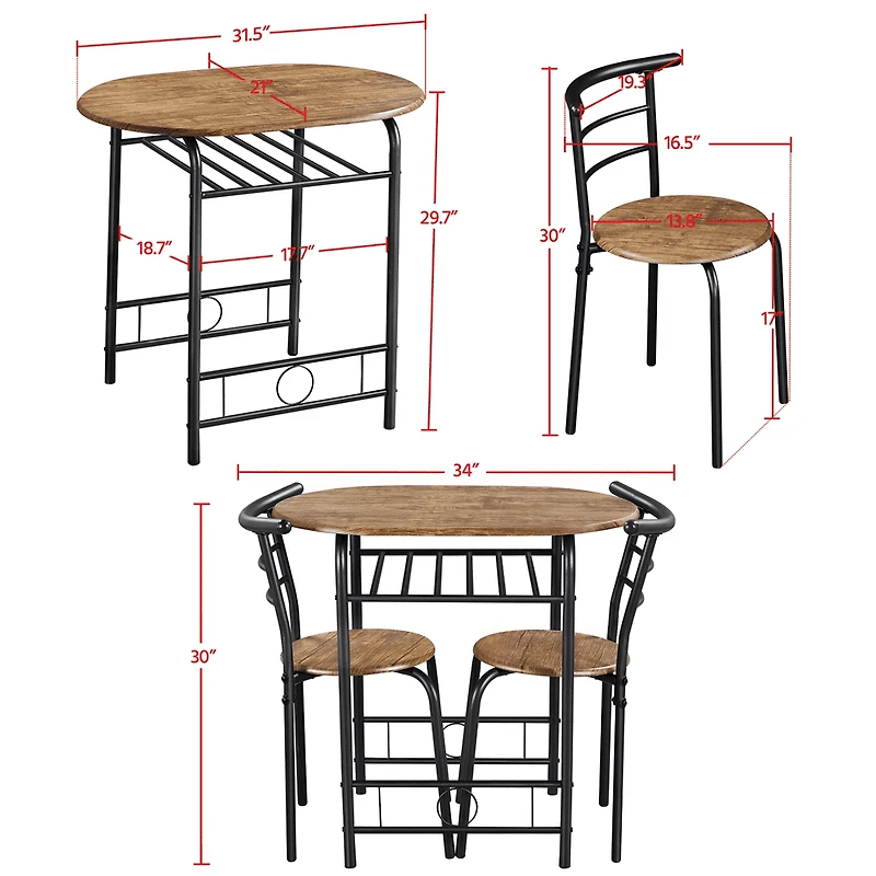 Fullfurnique Modern 3-piece Round Dining Table and 2 Chairs Set with Steel Legs, Brown